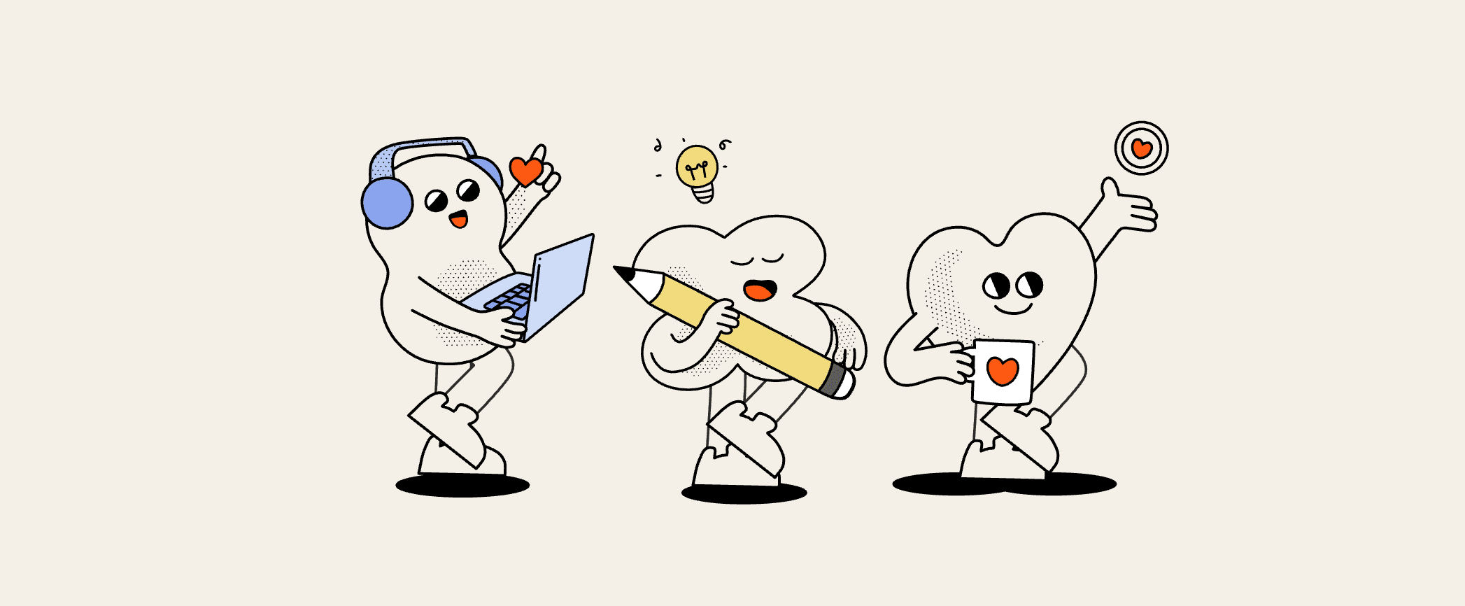 Ko-fi illustrations representing creators working, designing and earning support