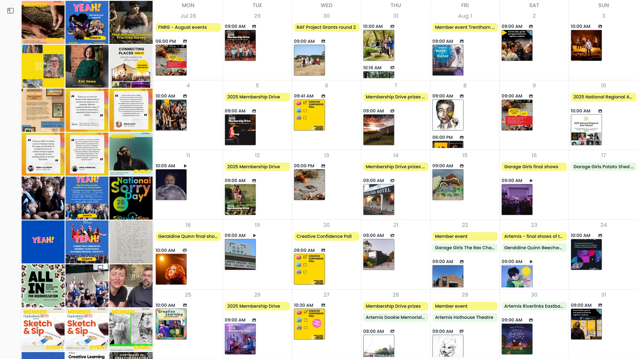 Pallyy social media scheduling calendar with planned posts across multiple platforms