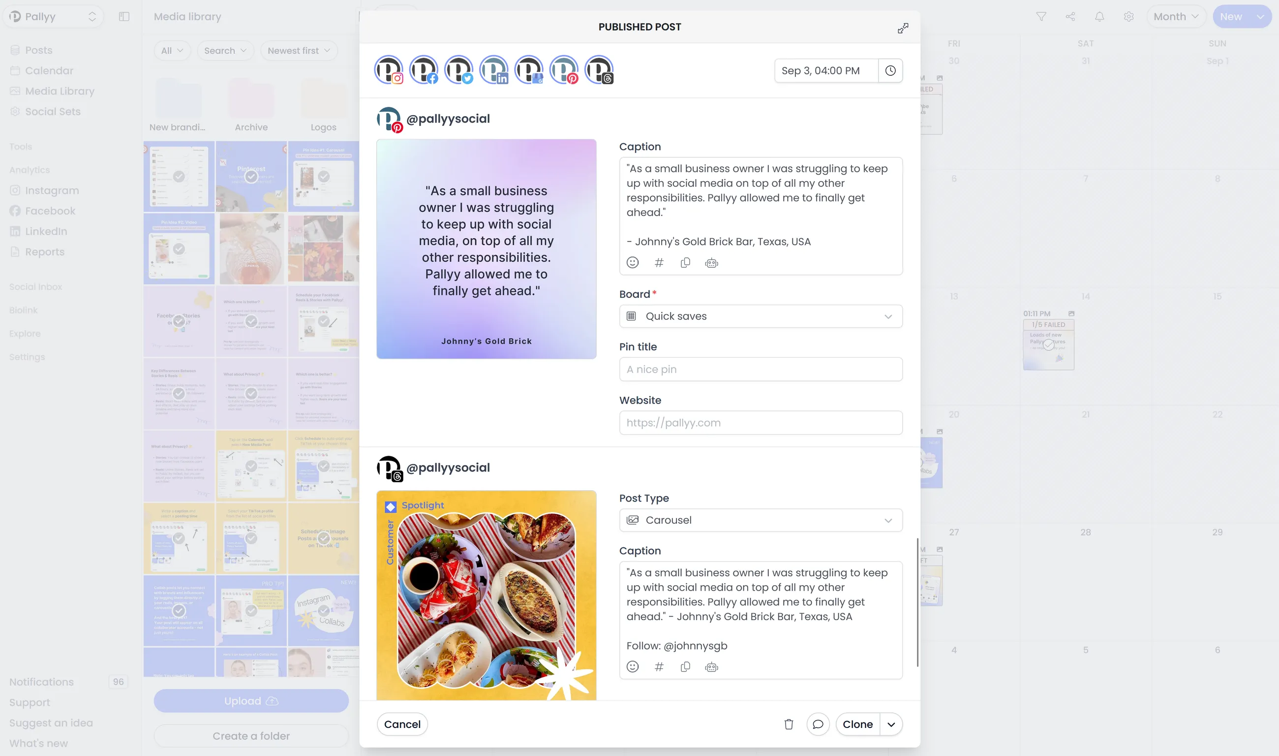 Pinterest integration workspace with pin publishing and board selection