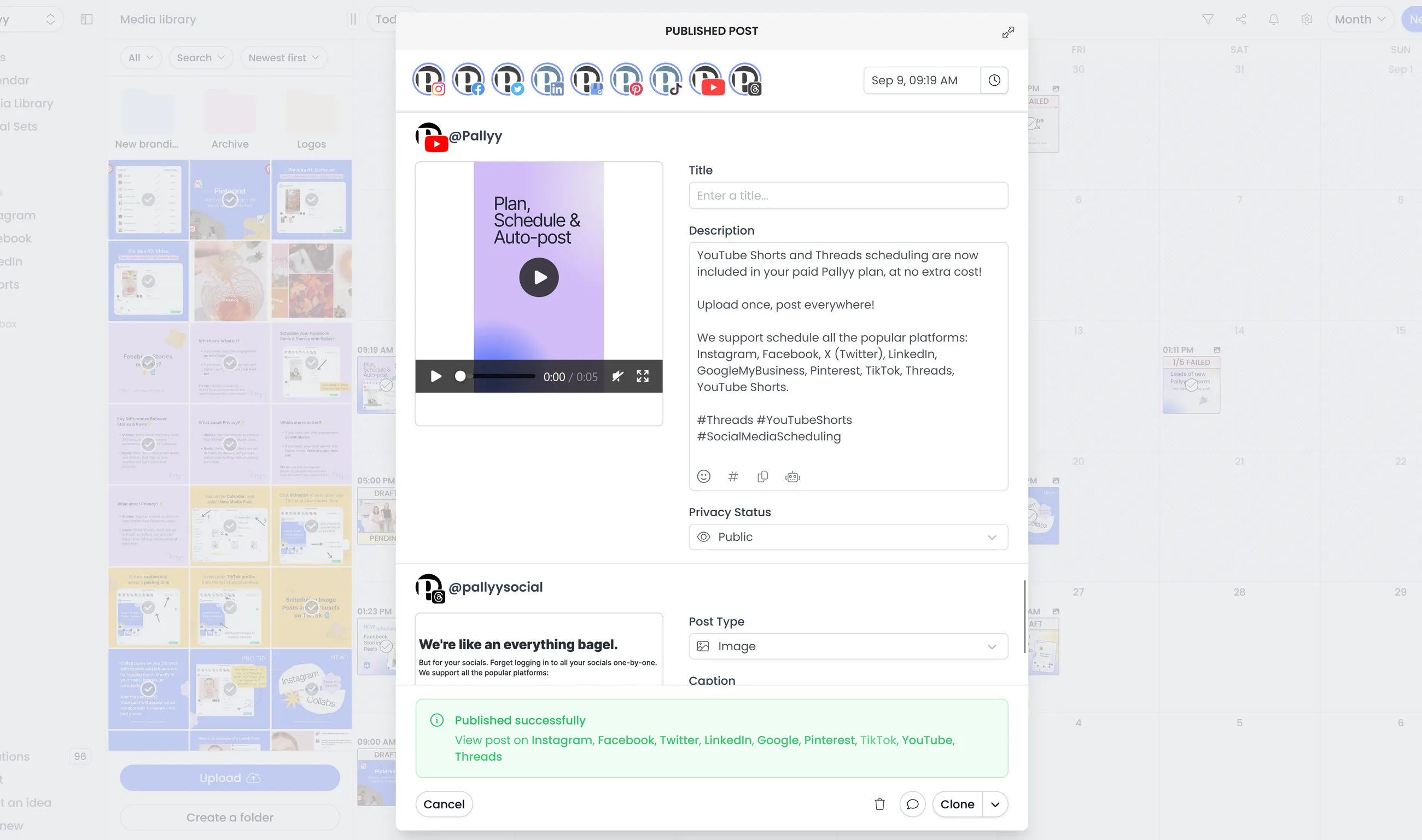 YouTube integration workspace with Shorts publishing details
