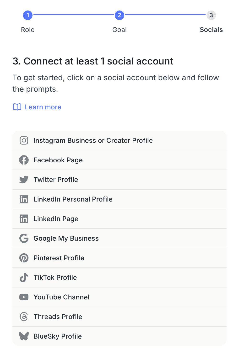 The final Pallyy onboarding step asking you to connect at least one social account, listing Instagram, Facebook, and the other account types