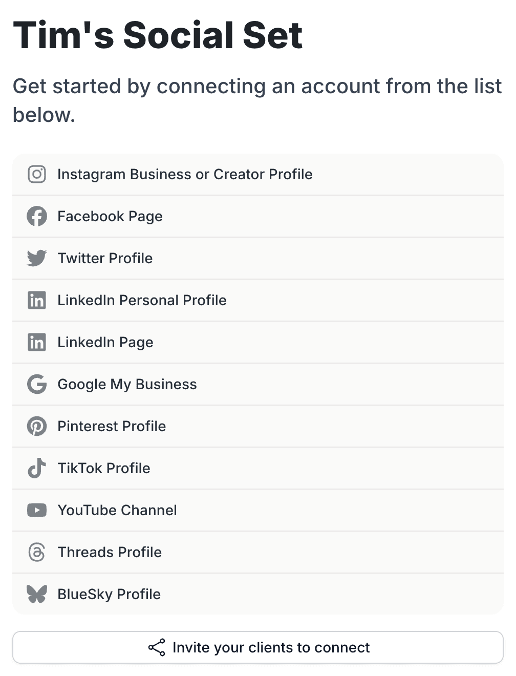 A social set page in Pallyy settings listing every account type you can connect, from Instagram Business or Creator Profile down to BlueSky Profile