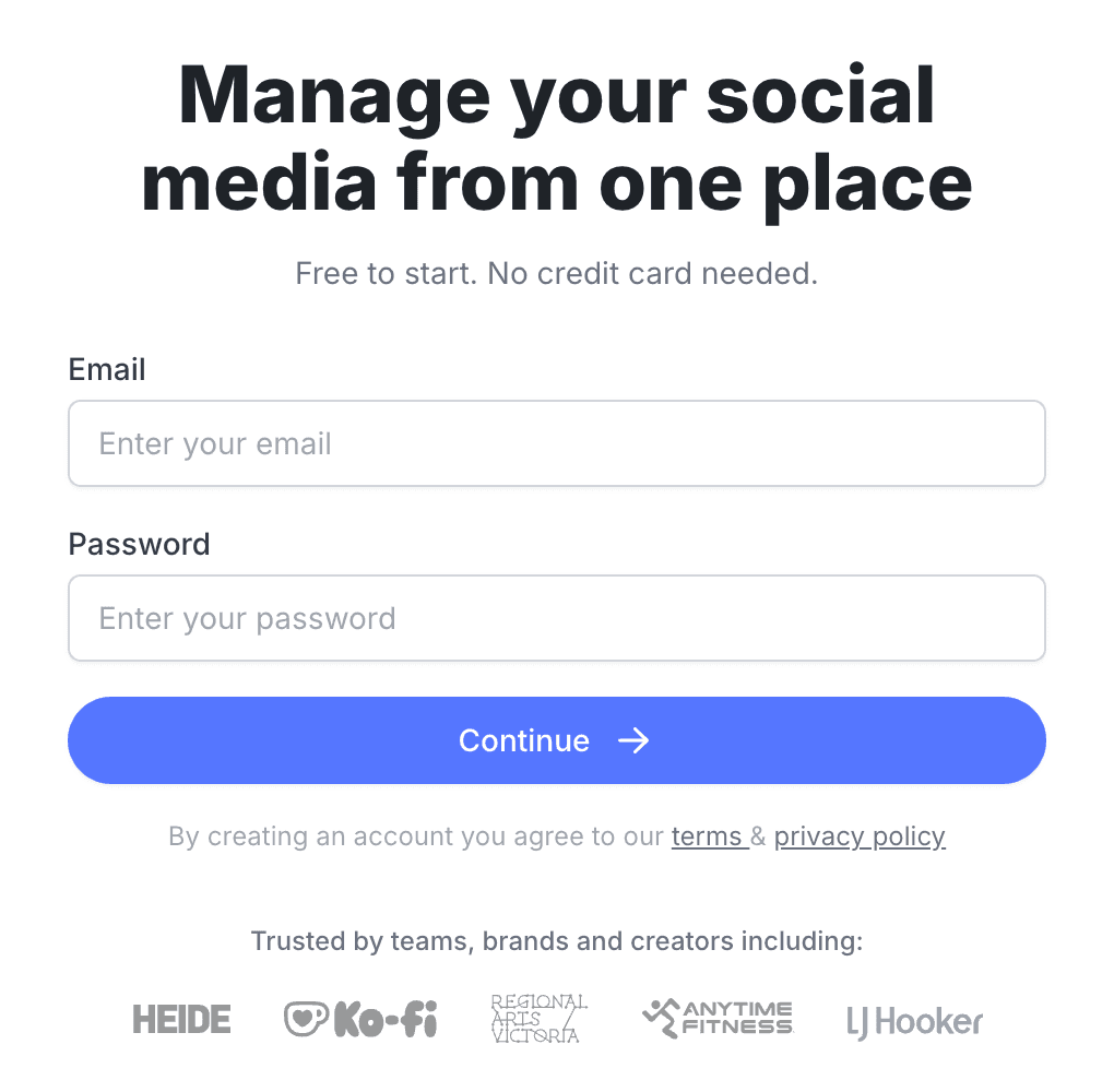 Pallyy's sign-up form asking for just an email and a password, with no credit card required