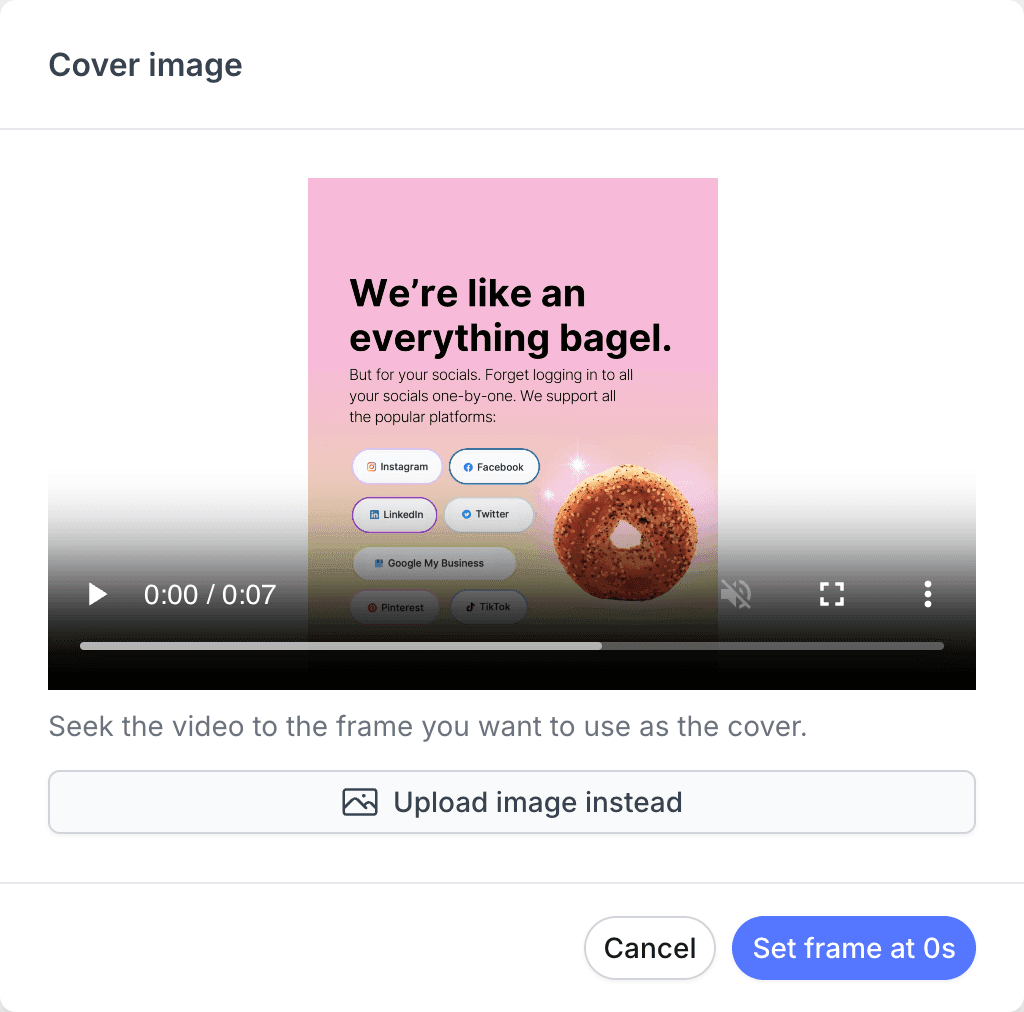 The cover image selector in Pallyy with a video scrubber to pick a frame and an option to upload an image instead