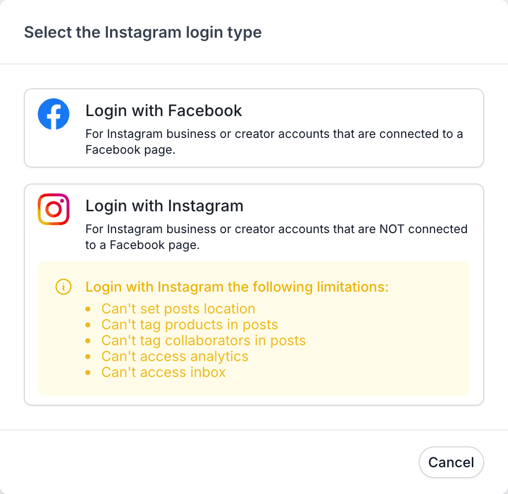 Pallyy's Select the Instagram login type modal offering Login with Facebook or Login with Instagram, with the limitations of the Instagram option listed