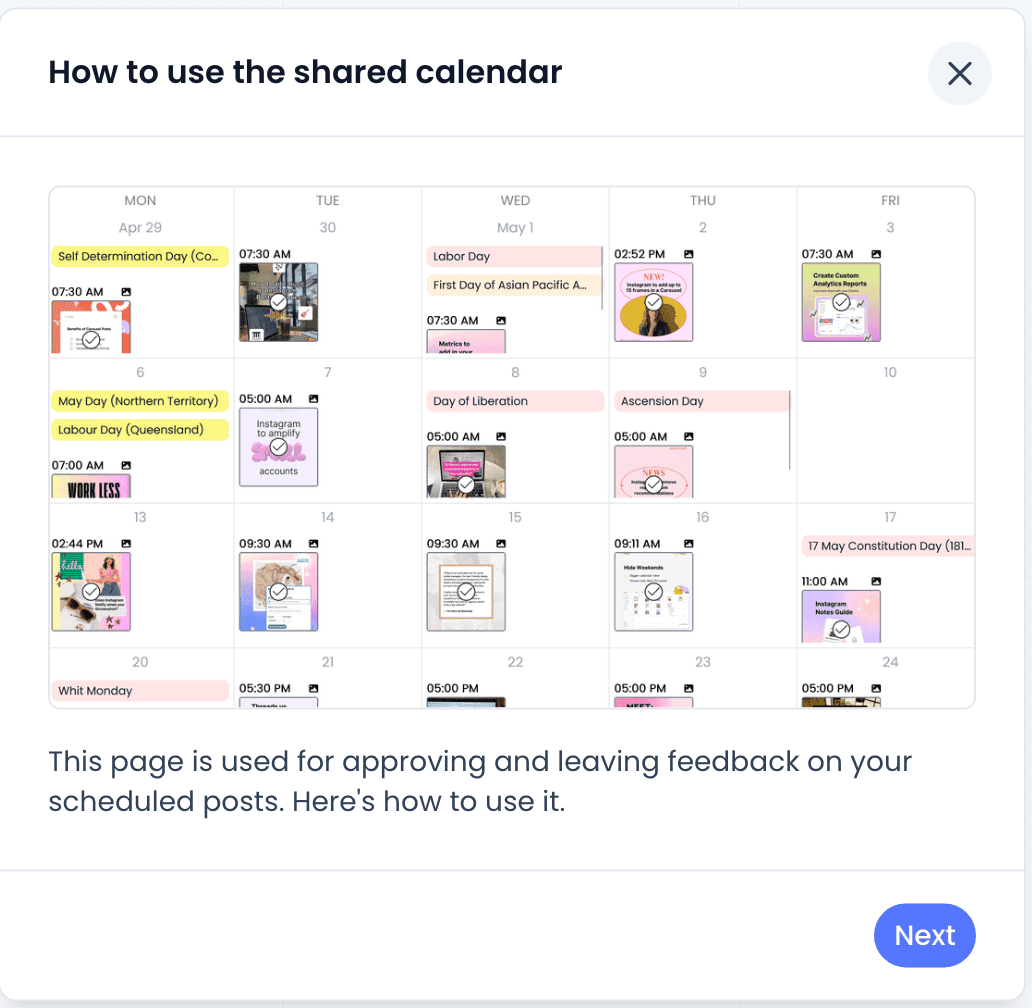 The intro walkthrough a first-time viewer sees on a shared calendar when Show intro help guide is on