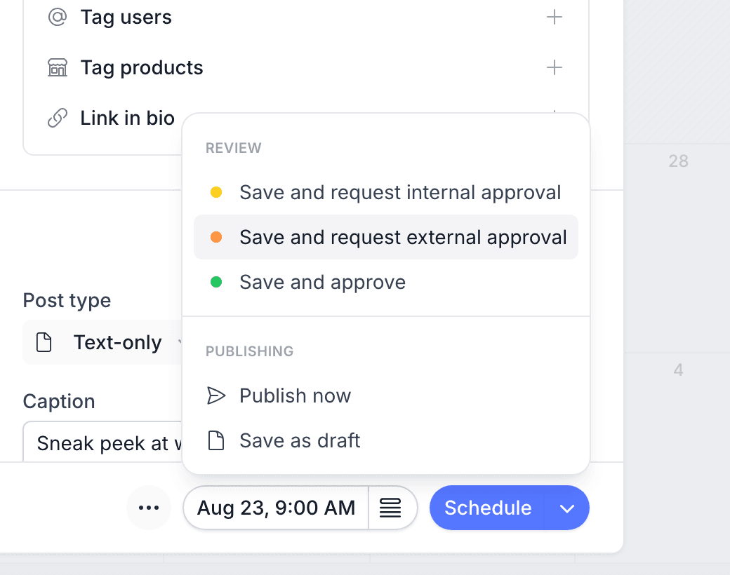 The composer's action menu open with Save and request external approval highlighted