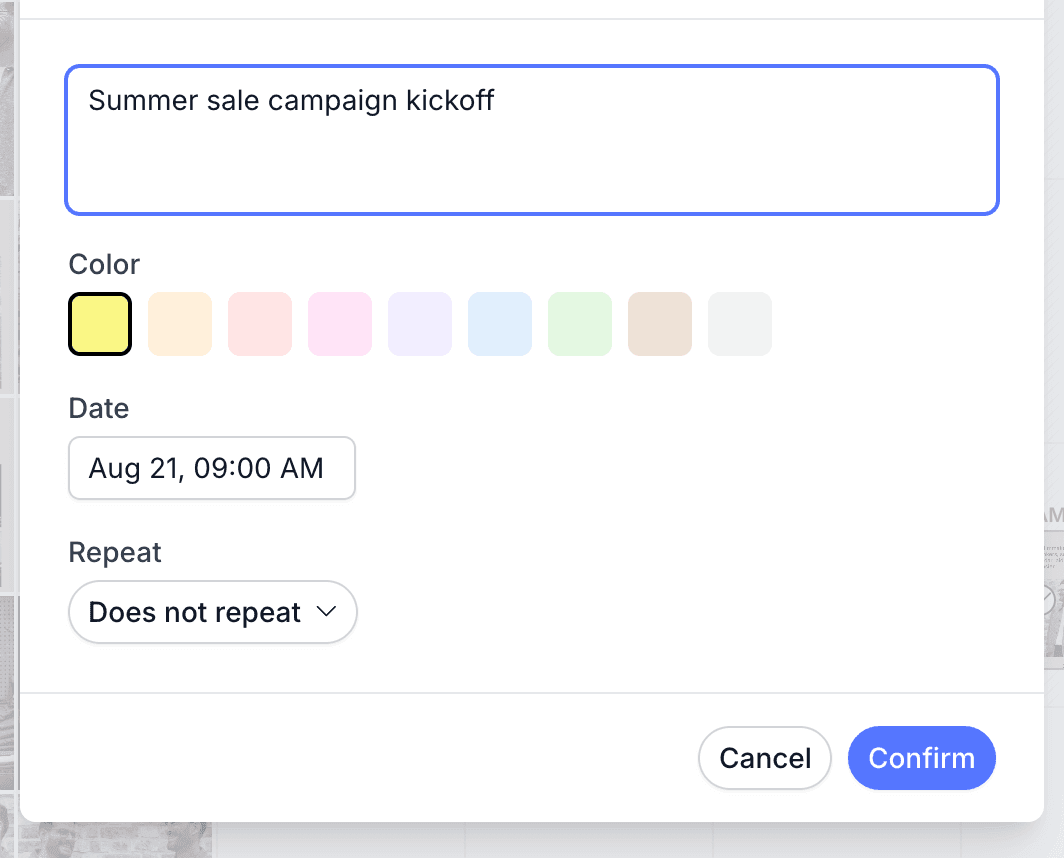 The new note form in Pallyy with note text, color swatches, a date, and repeat settings