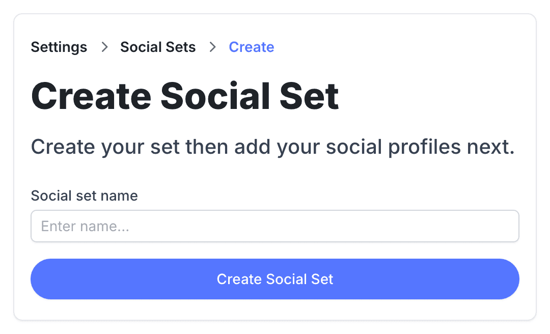 Pallyy's Create Social Set page asking only for a social set name before you add any social profiles