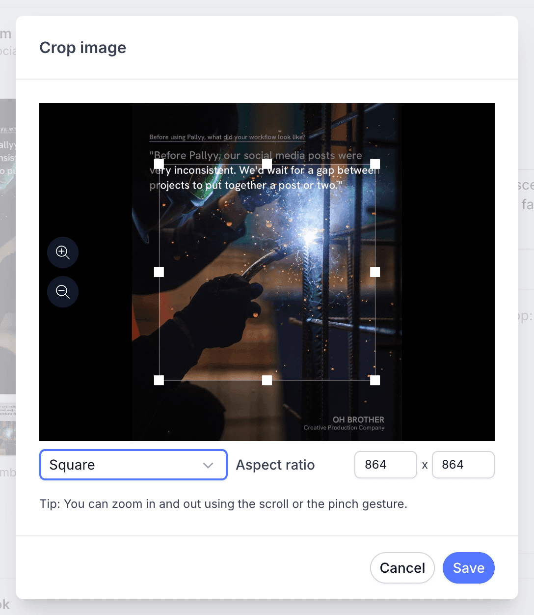Pallyy's crop image modal with a draggable crop frame, zoom controls, and an aspect ratio menu