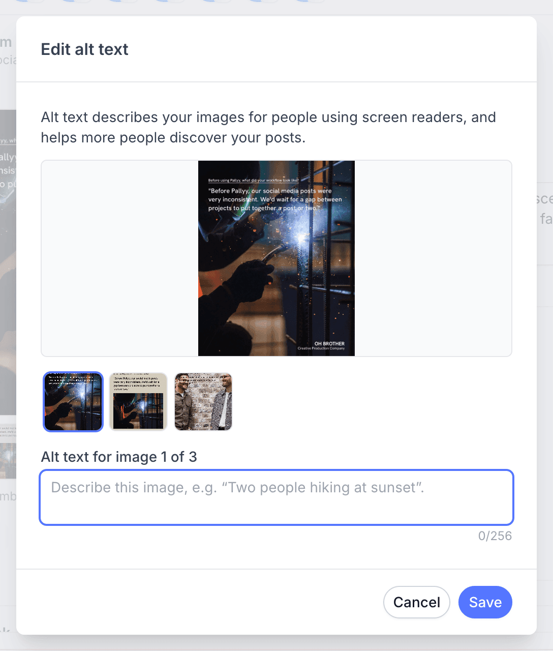 Pallyy's Edit alt text modal with a description field and thumbnails for each carousel image