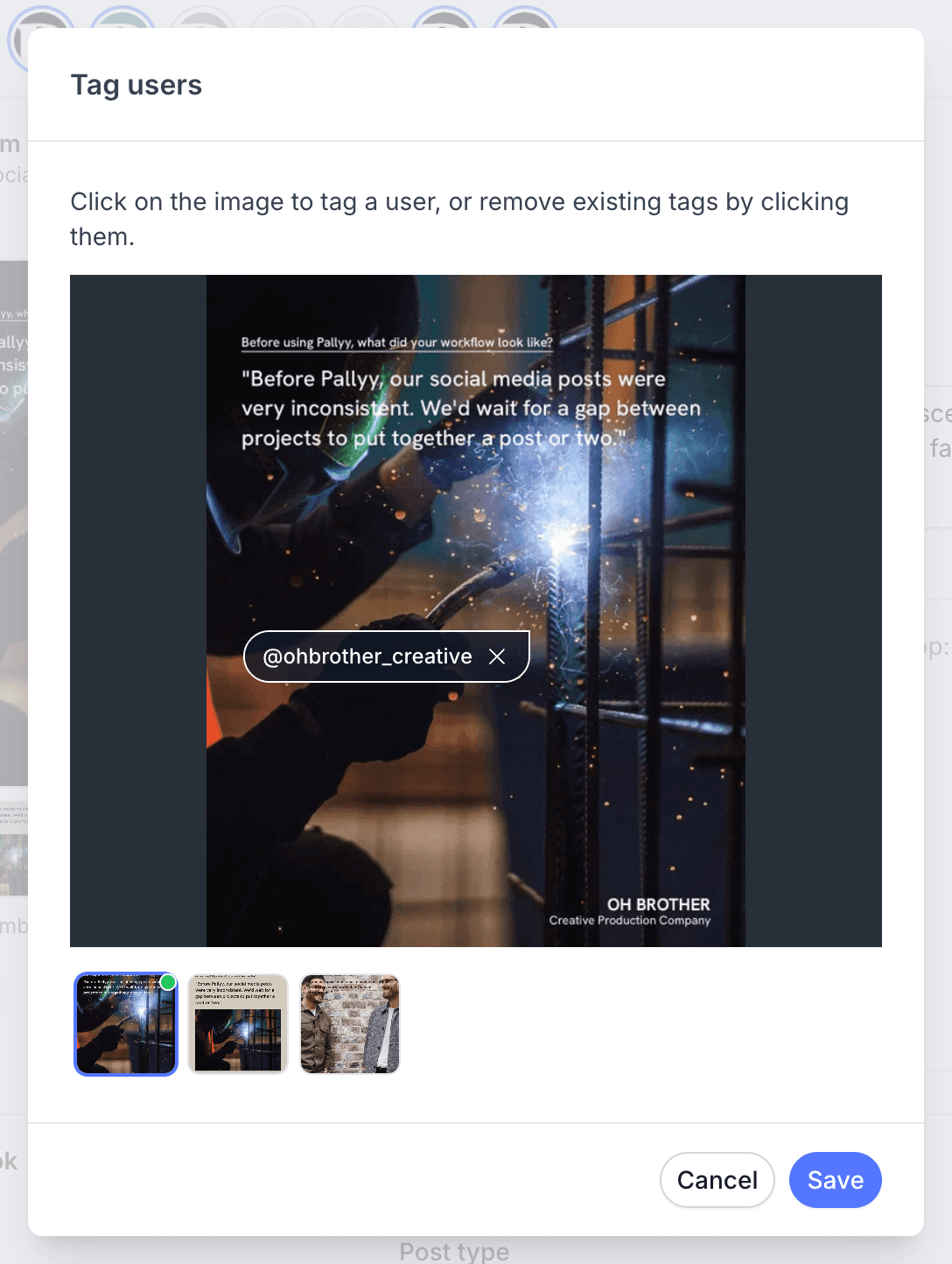 Pallyy's Tag users modal with an Instagram account tagged on the post image