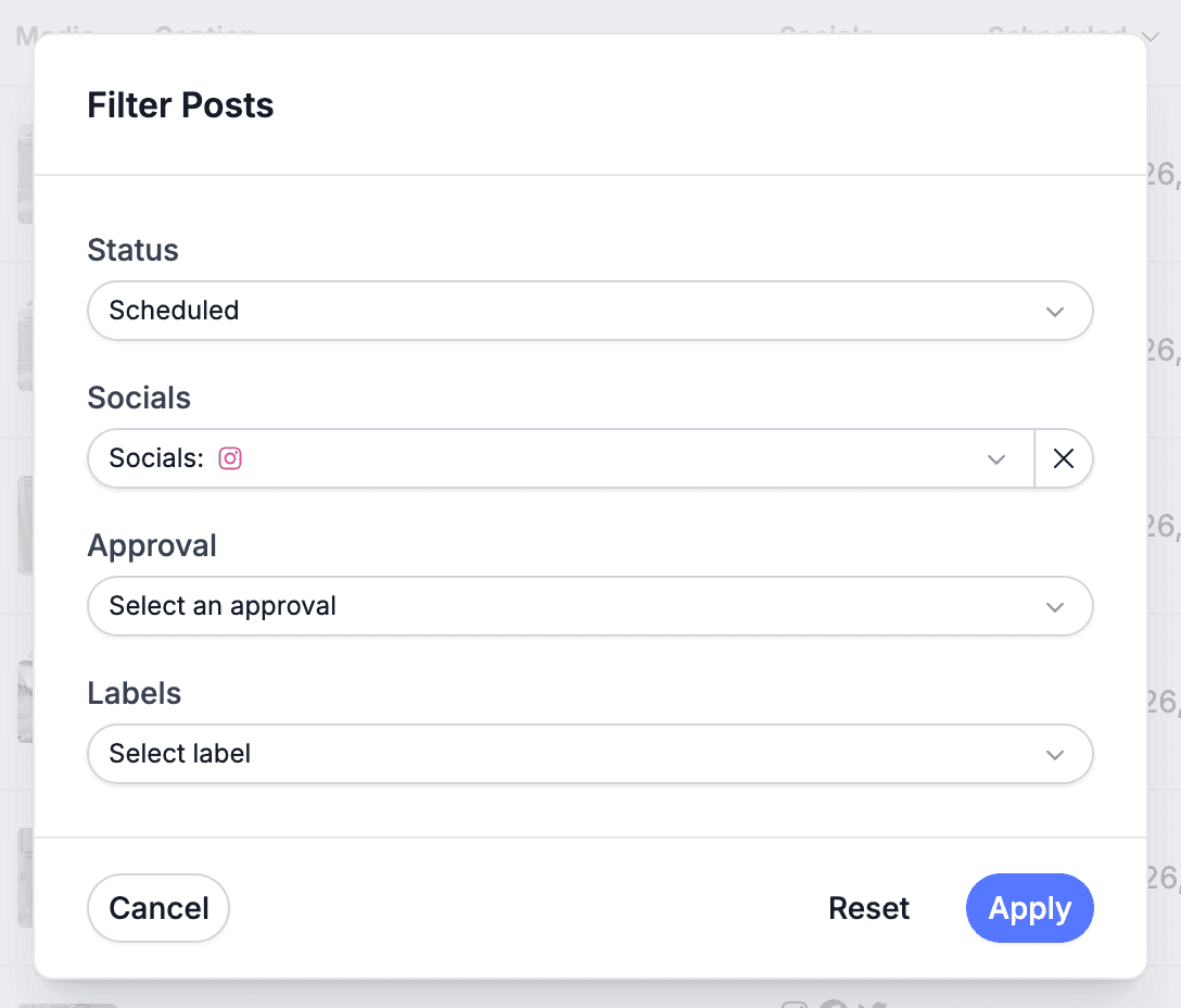 Pallyy's Filter Posts modal with the status filter set to Scheduled and the socials filter set to Instagram