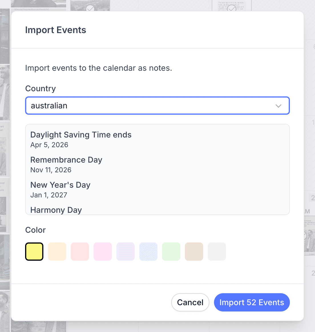 Pallyy's Import Events modal with Australia selected as the country, a list of upcoming holidays, a color picker, and an Import 52 Events button