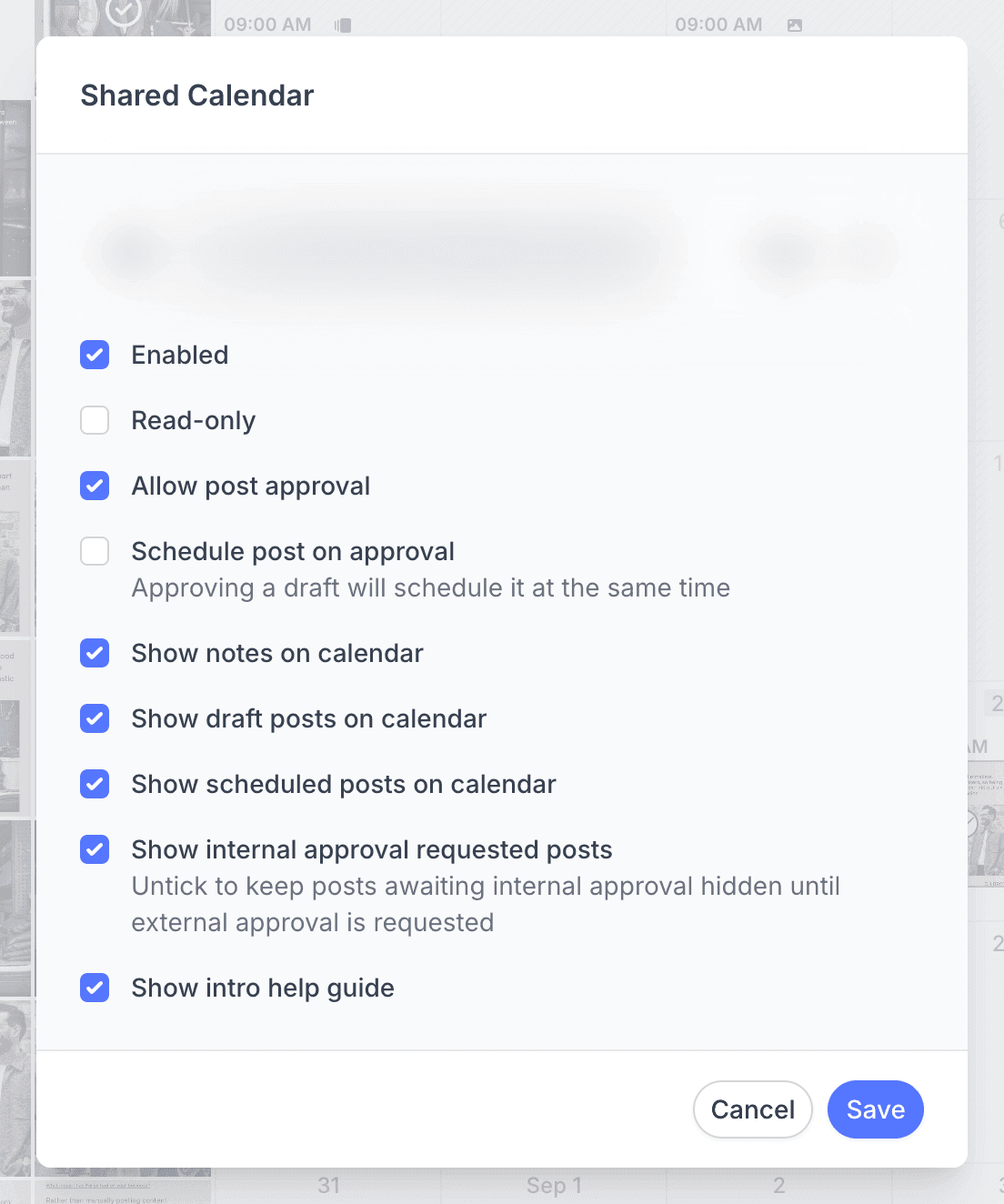 The Shared Calendar modal in Pallyy with toggles for enabling the calendar, read-only access, post approval, and which posts and notes clients can see