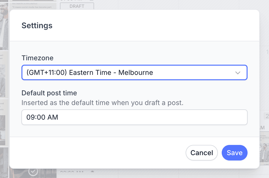 The calendar settings modal in Pallyy with the social set's timezone and default post time