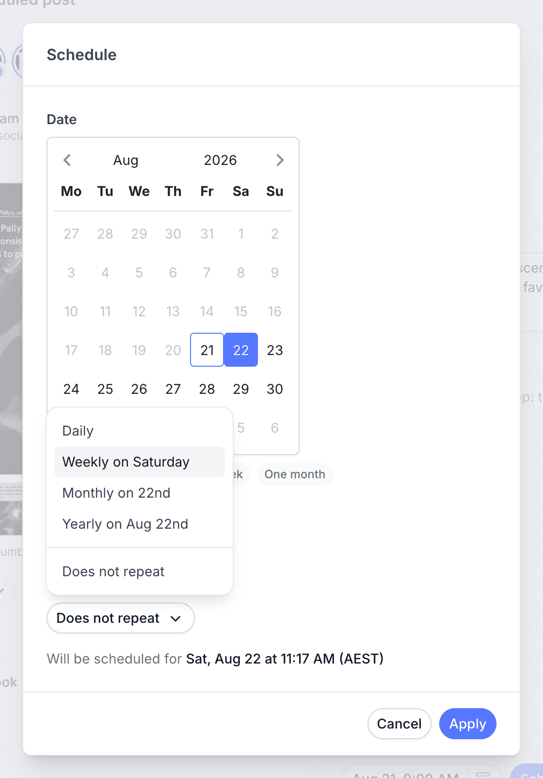 The Repeat dropdown open in Pallyy's schedule card with daily, weekly, monthly, and yearly intervals listed