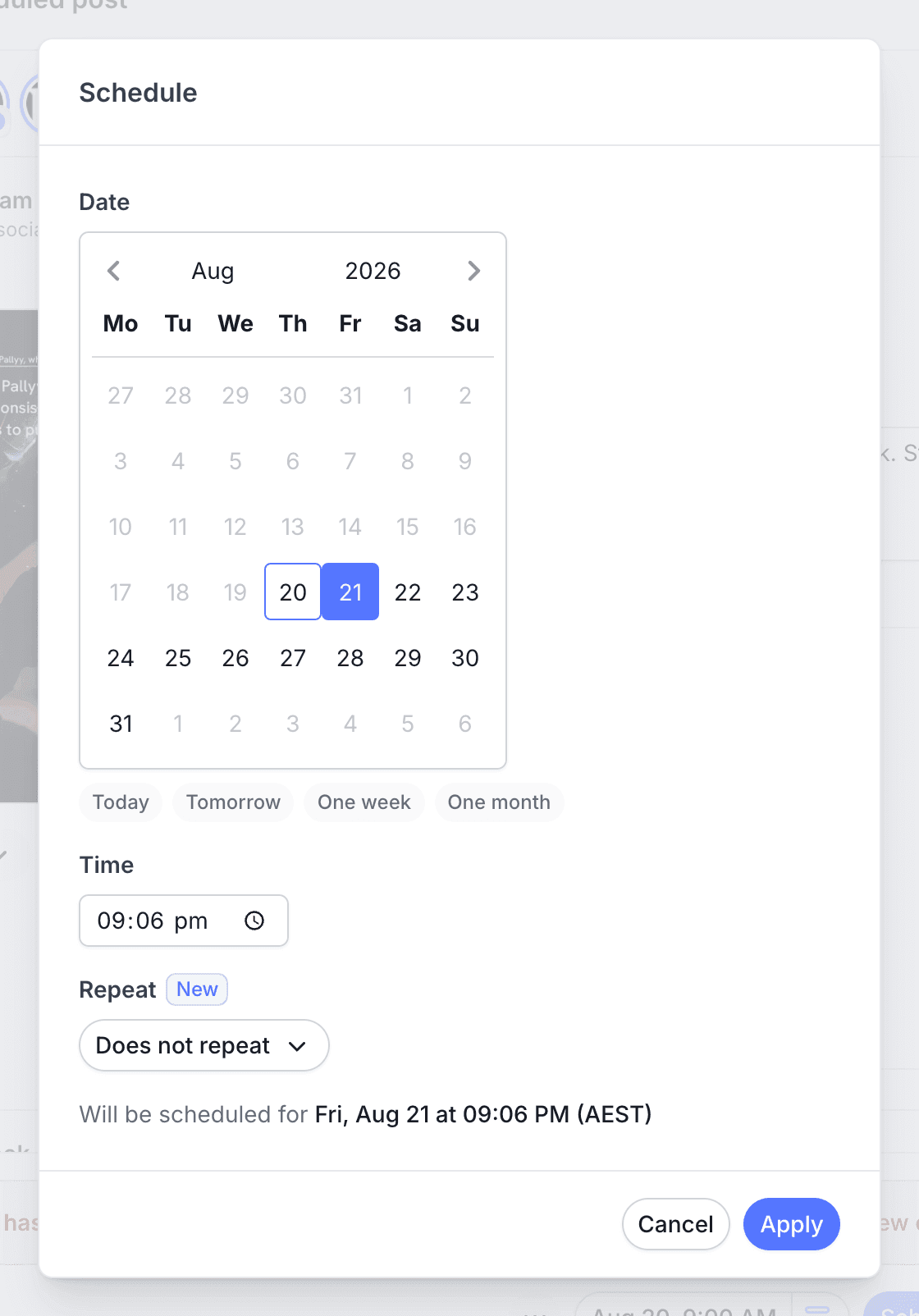 The schedule card in Pallyy's composer with the date picker, quick shortcuts, time, and the Repeat option