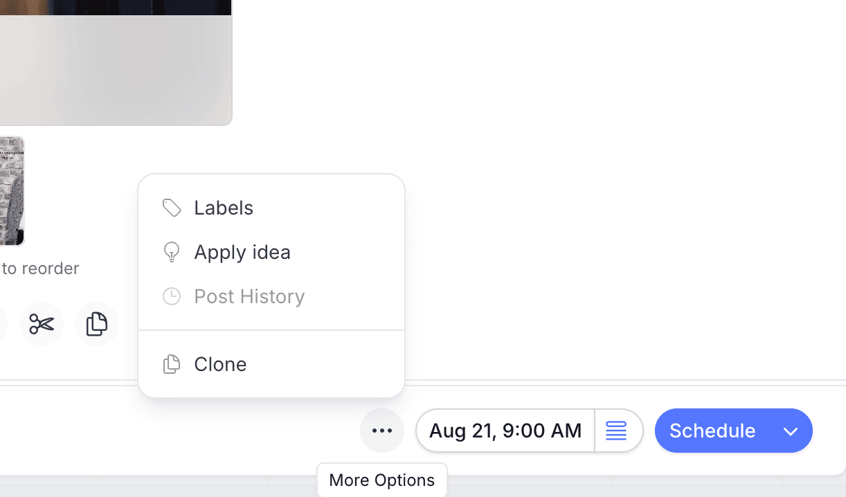 The composer's More Options menu open above the three dots button, with Clone listed under Labels, Apply idea, and Post History