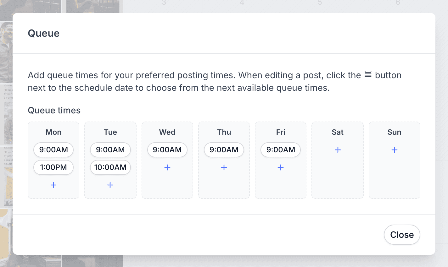 Pallyy's queue modal with preferred posting times saved for each day of the week