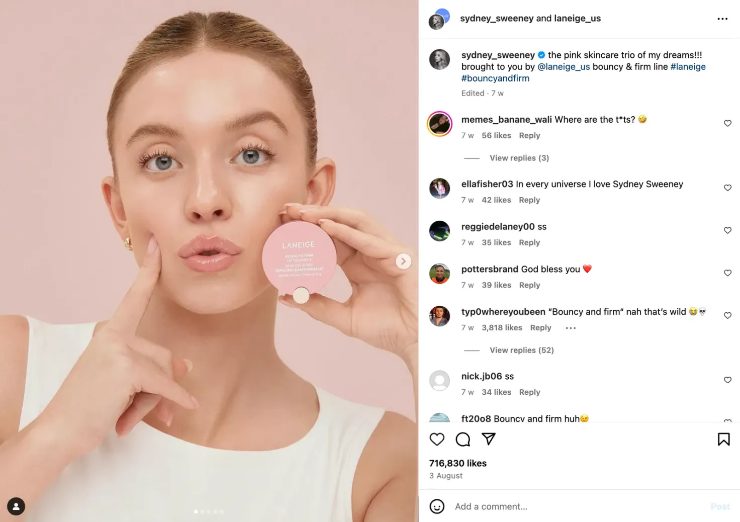 Collab post by South Korean cosmetics brand Laneige and actress Sydney Sweeney.