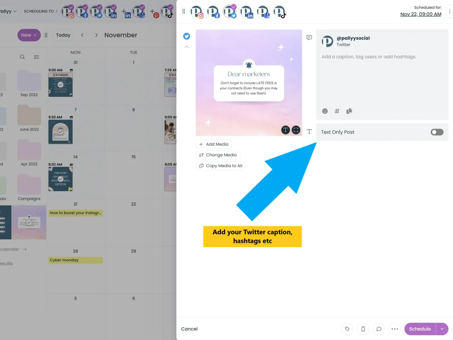 Add your caption, hashtags and more to the Twitter section of your draft