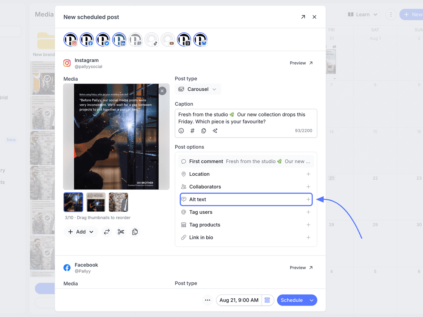 The alt text option highlighted in Pallyy's post composer