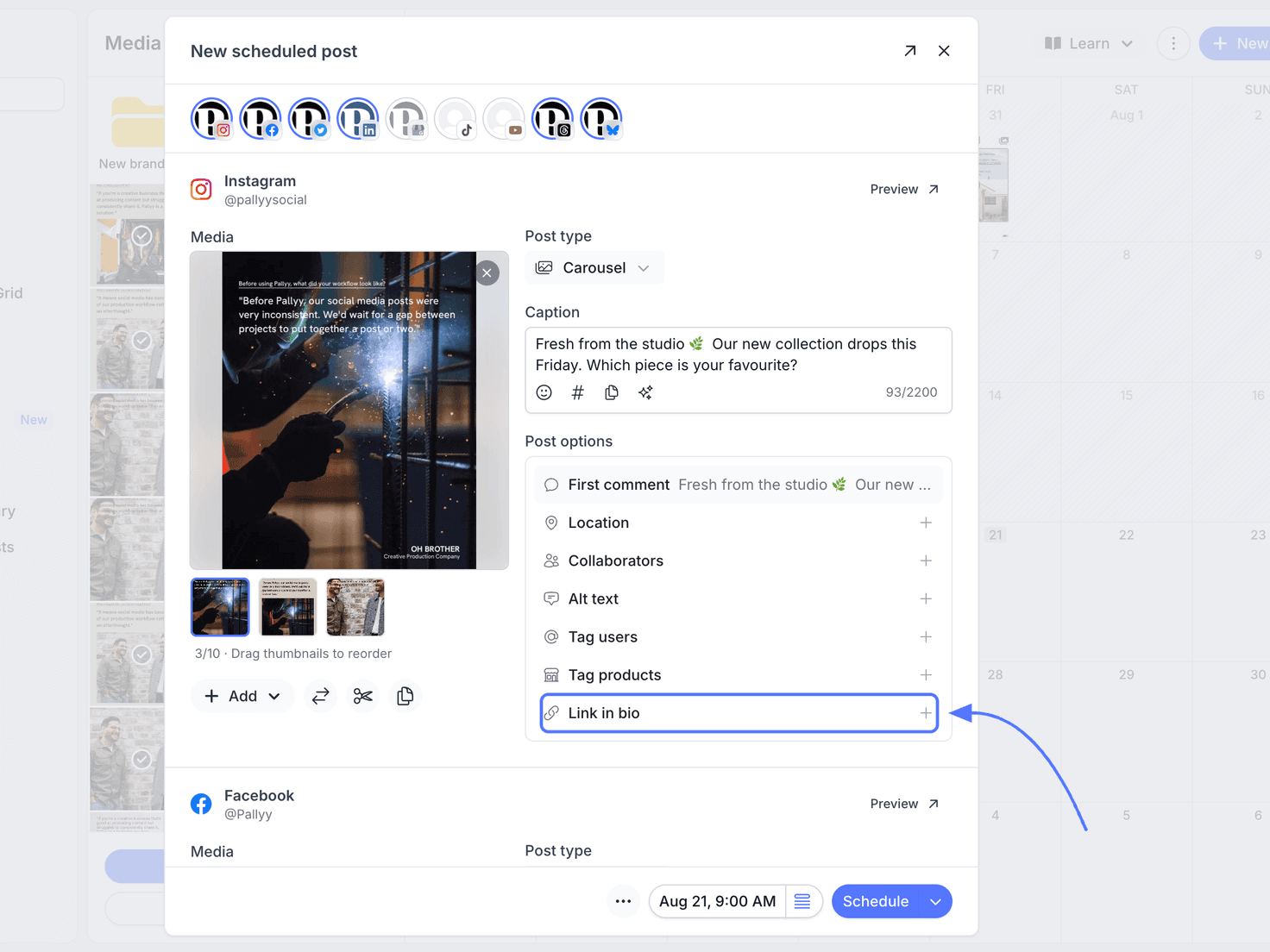 The Link in bio option highlighted in the Post options section of Pallyy's post composer