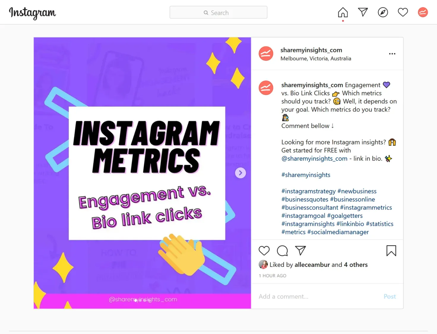 Instagram post showing the paper plane icon under it, use it to share to your stories.