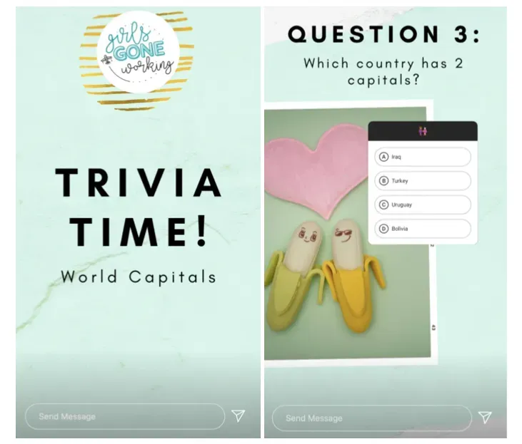 A screenshot of a trivia quiz in an Instagram story with the title Trivia Time.