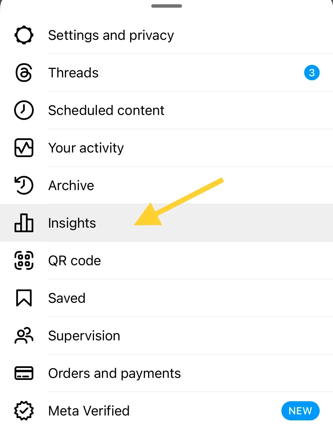 Instagram menu showing insights button location