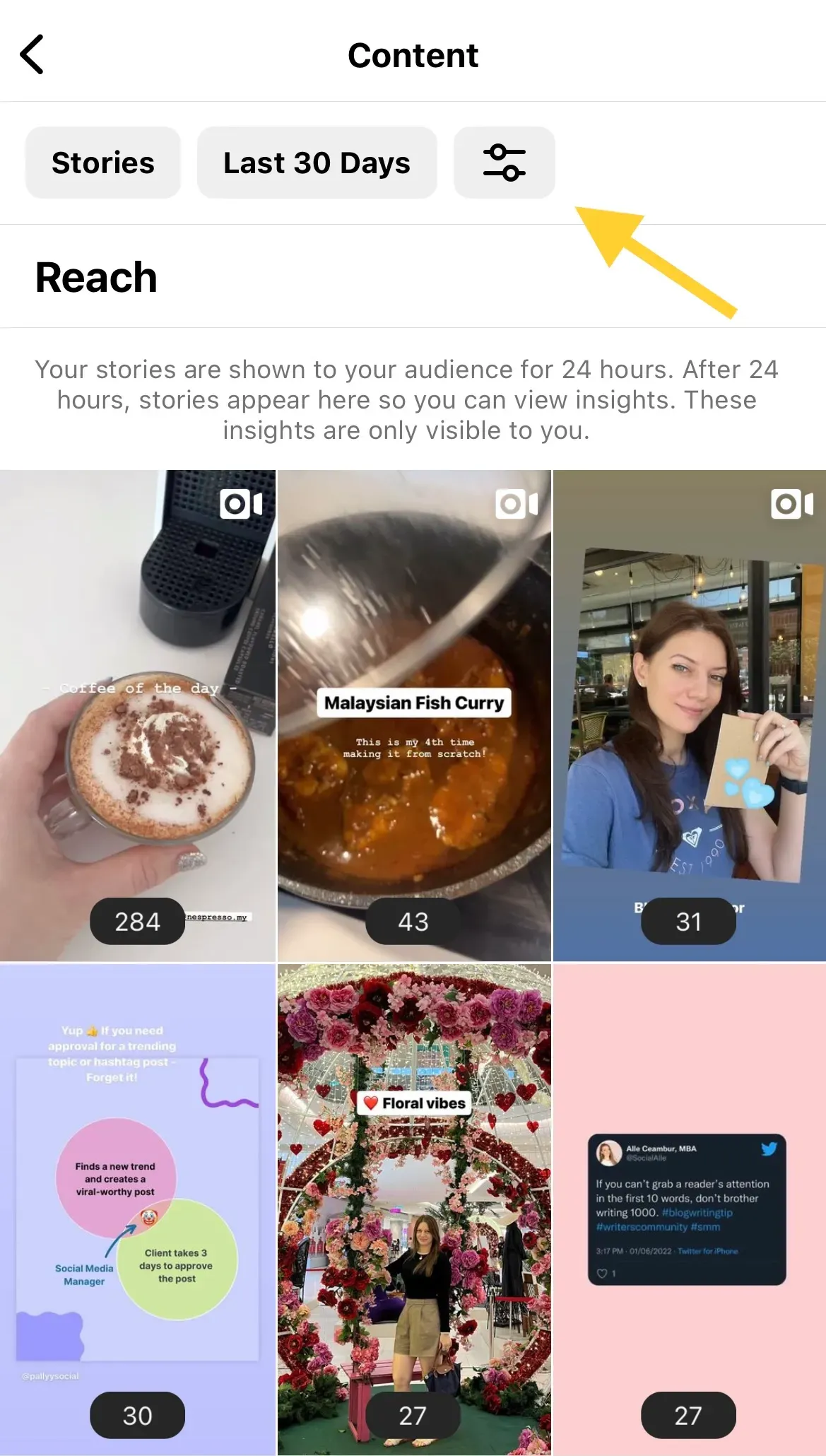story insights filter by metric