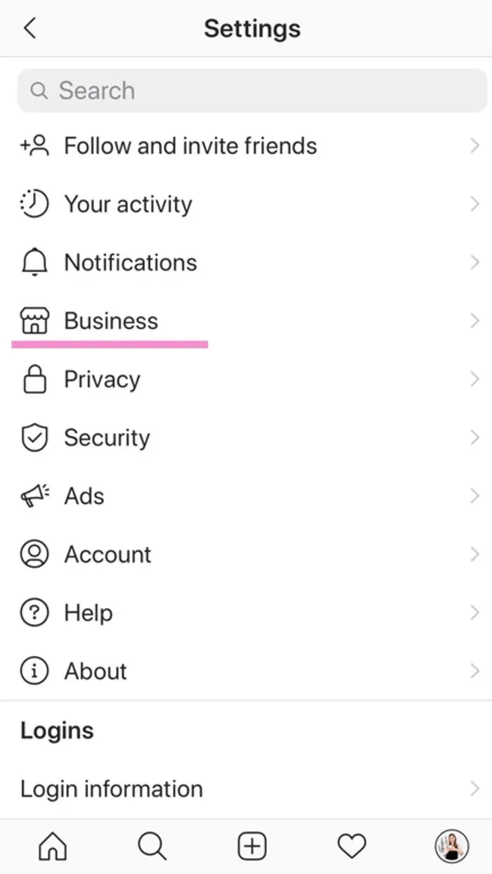 Next, tap business from the settings menu