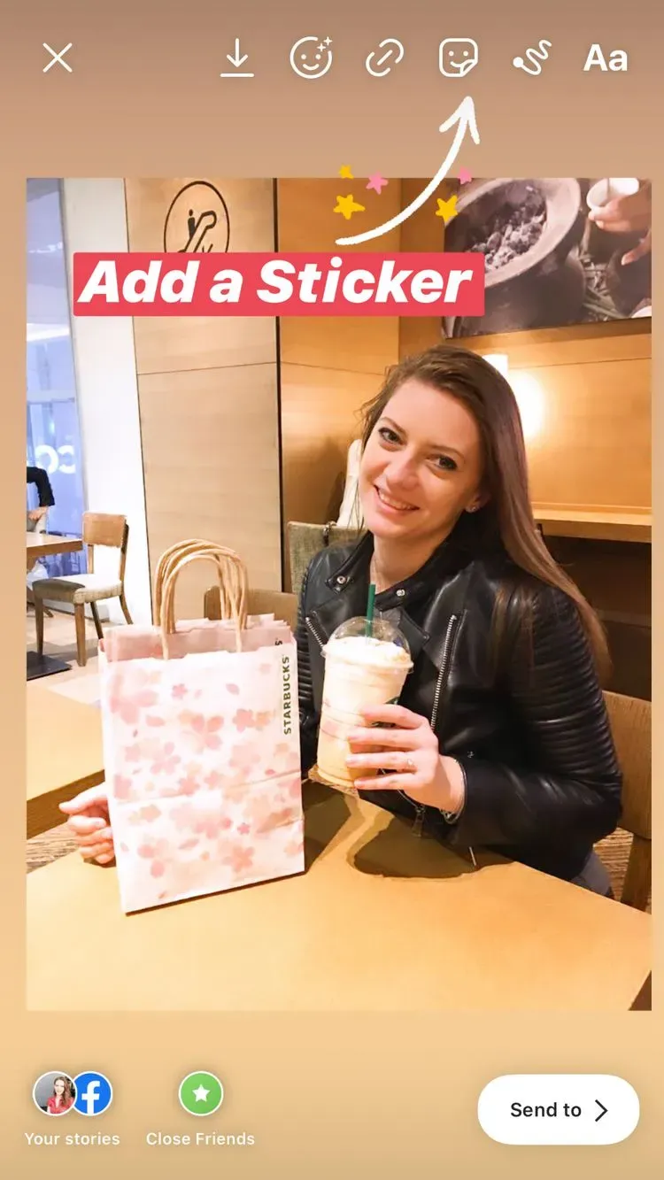 Add stickers to your Instagram story by clicking the smiley face icon at the top right
