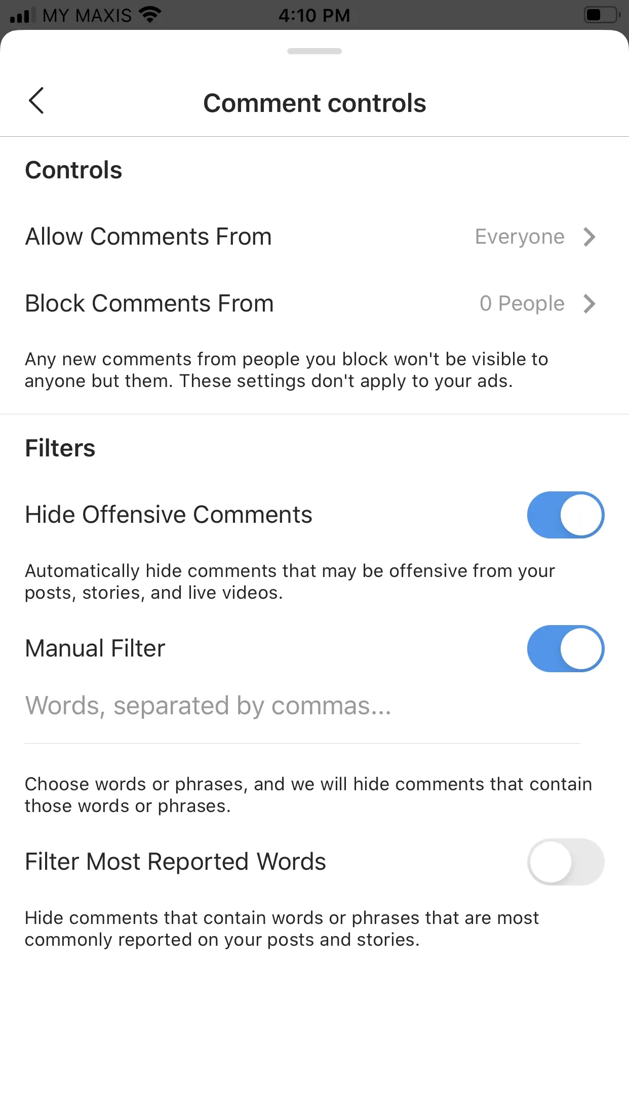 A screenshot of your Instagram comment controls, where you can block or restrict comments.