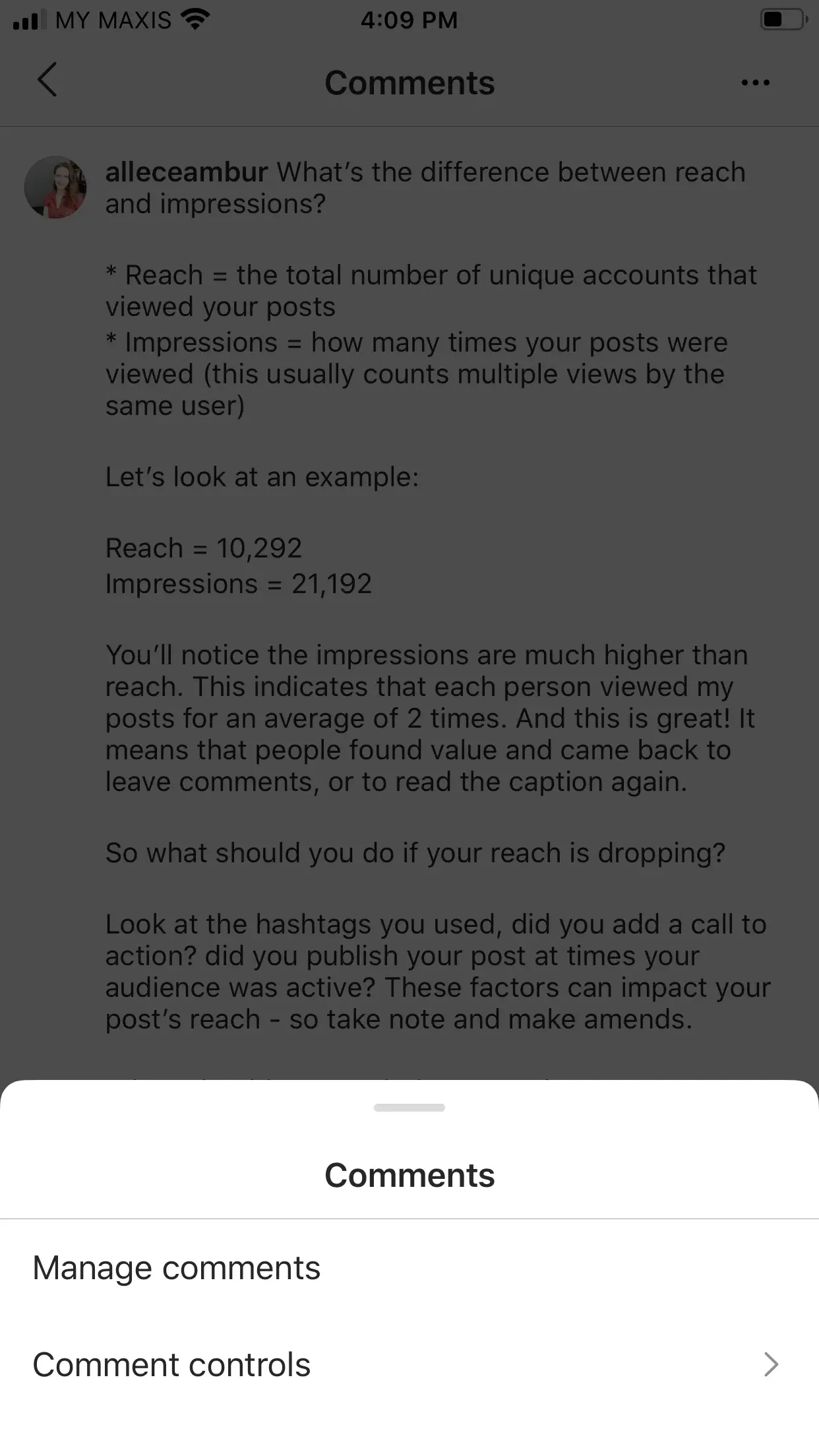 A screenshot of a comments menu, you need to select manage comments from here.