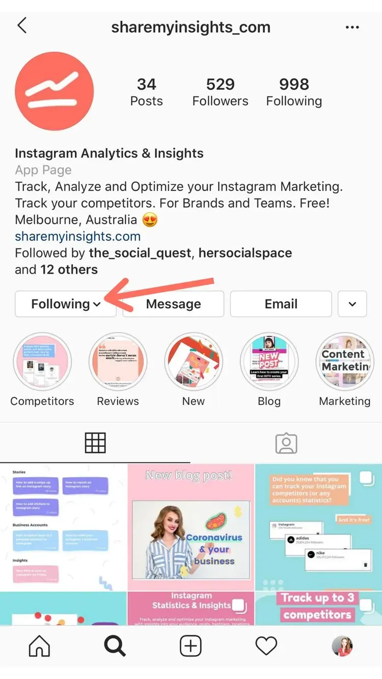 Tap on the following button below their bio to open a menu