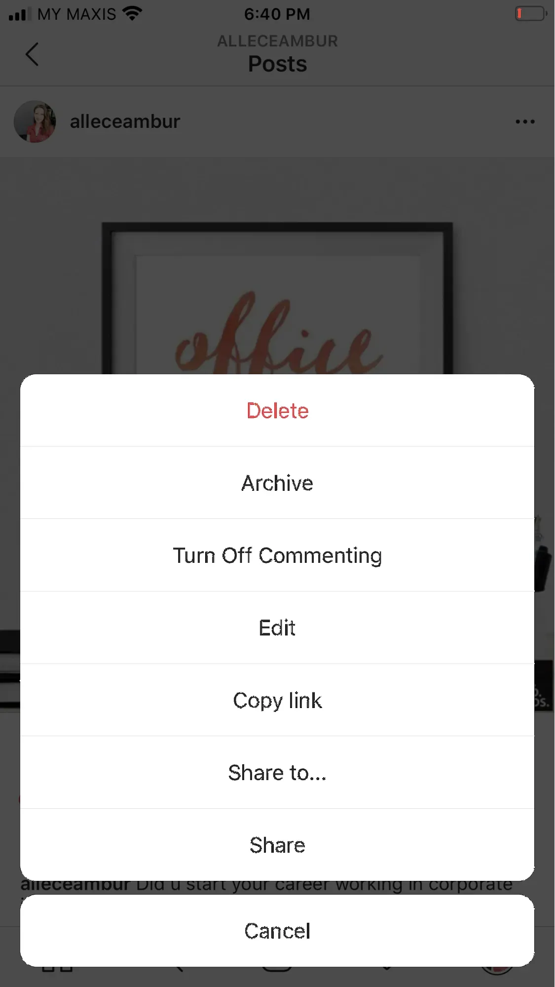 A screenshot showing the menu that allows your to delete or archive your Instagram post.