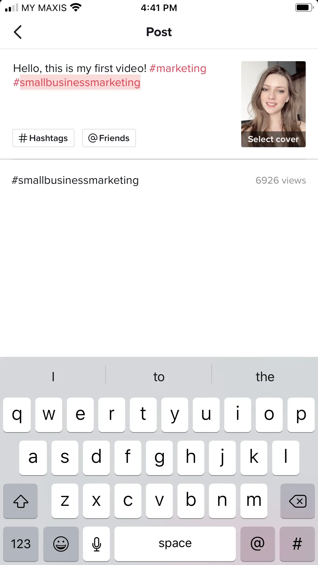 A screenshot showing what hashtags look like when you enter them into your tiktok caption.