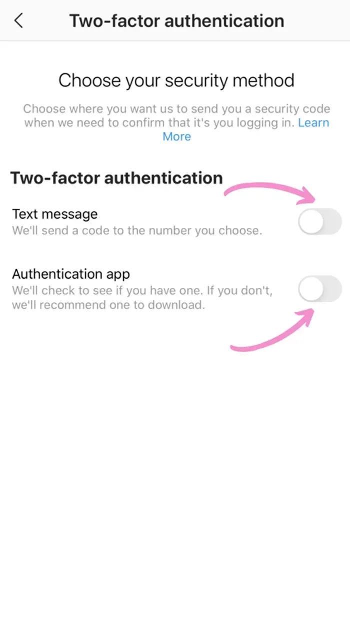 Choose your two factor security method: sms or login code from a third party two factor app
