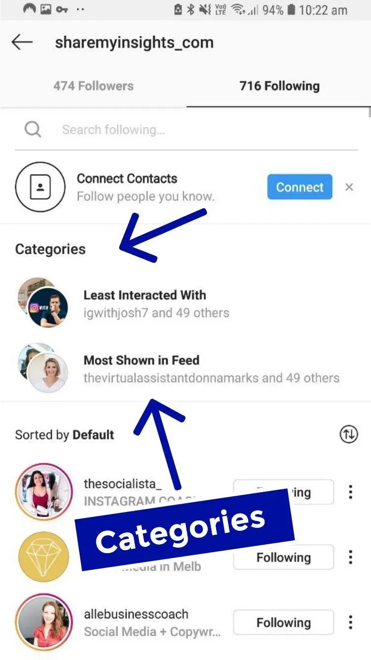 Instagram following categories work by showing accounts that you have engeged with the most & least