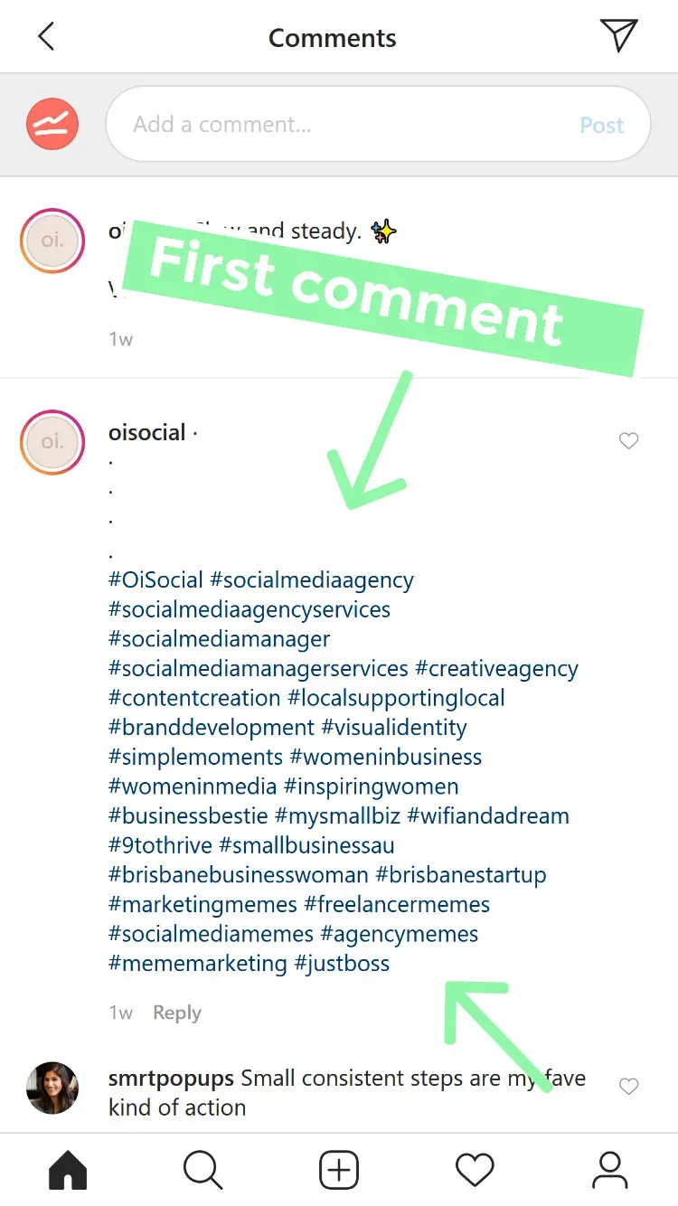 Adding hashtags in the first comment on Instagram posts.