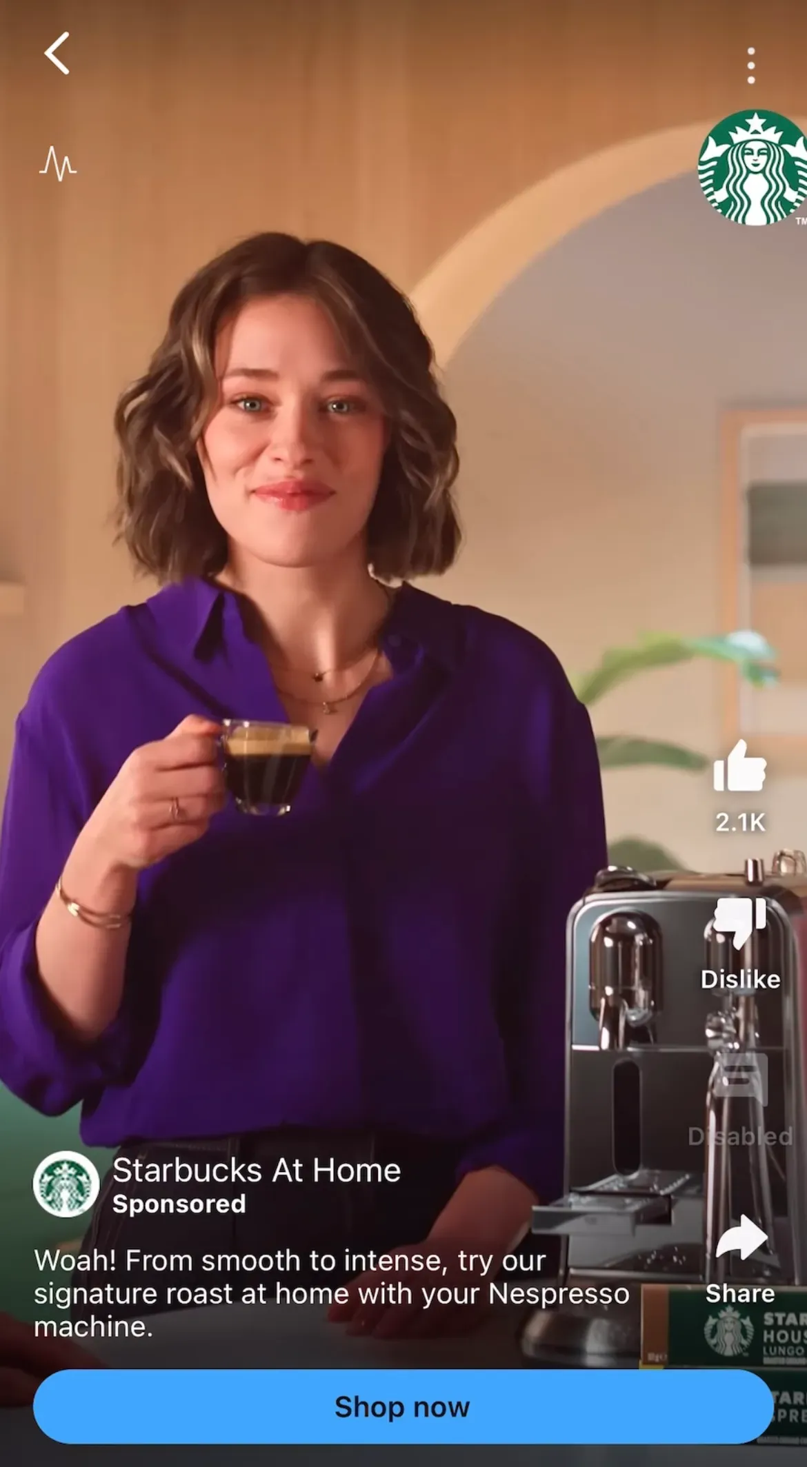 Instagram story ad from Starbucks at home