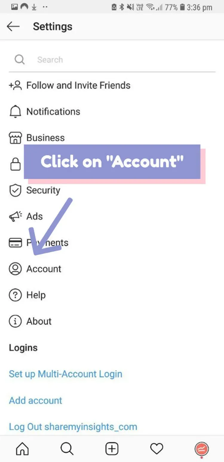 On the settings page click account