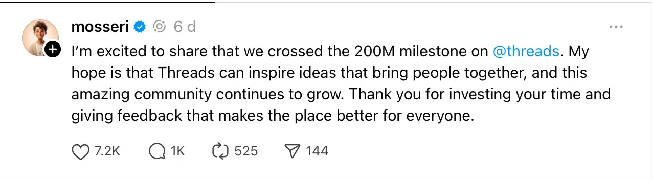 Mosseri announcement that Threads reached 200 million users