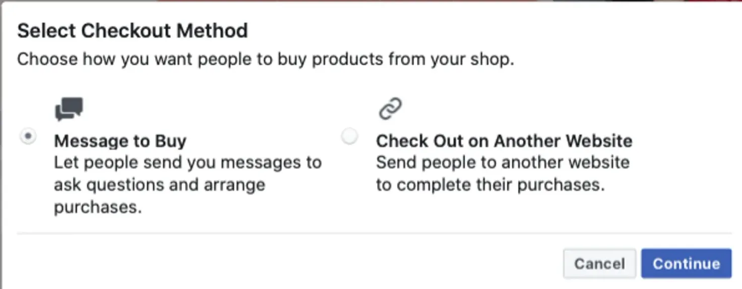 Select your preferred checkout method, either checkout on another website or message to buy