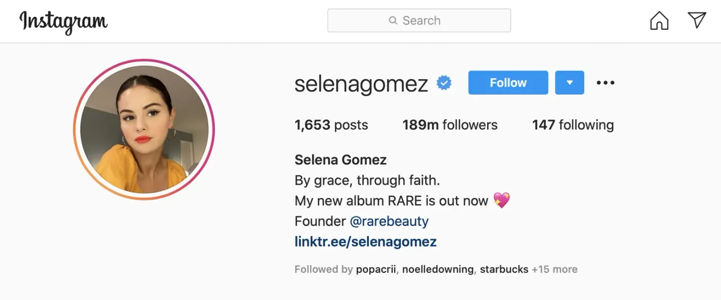 Screenshot of selena gomez Instagram account with verified badge.
