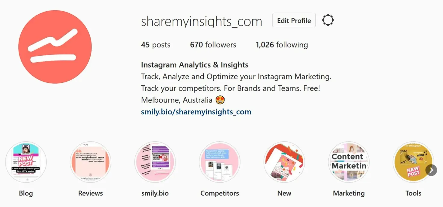 Sharemyinsights_com Instagram profile, showing where you can add a link in your bio.