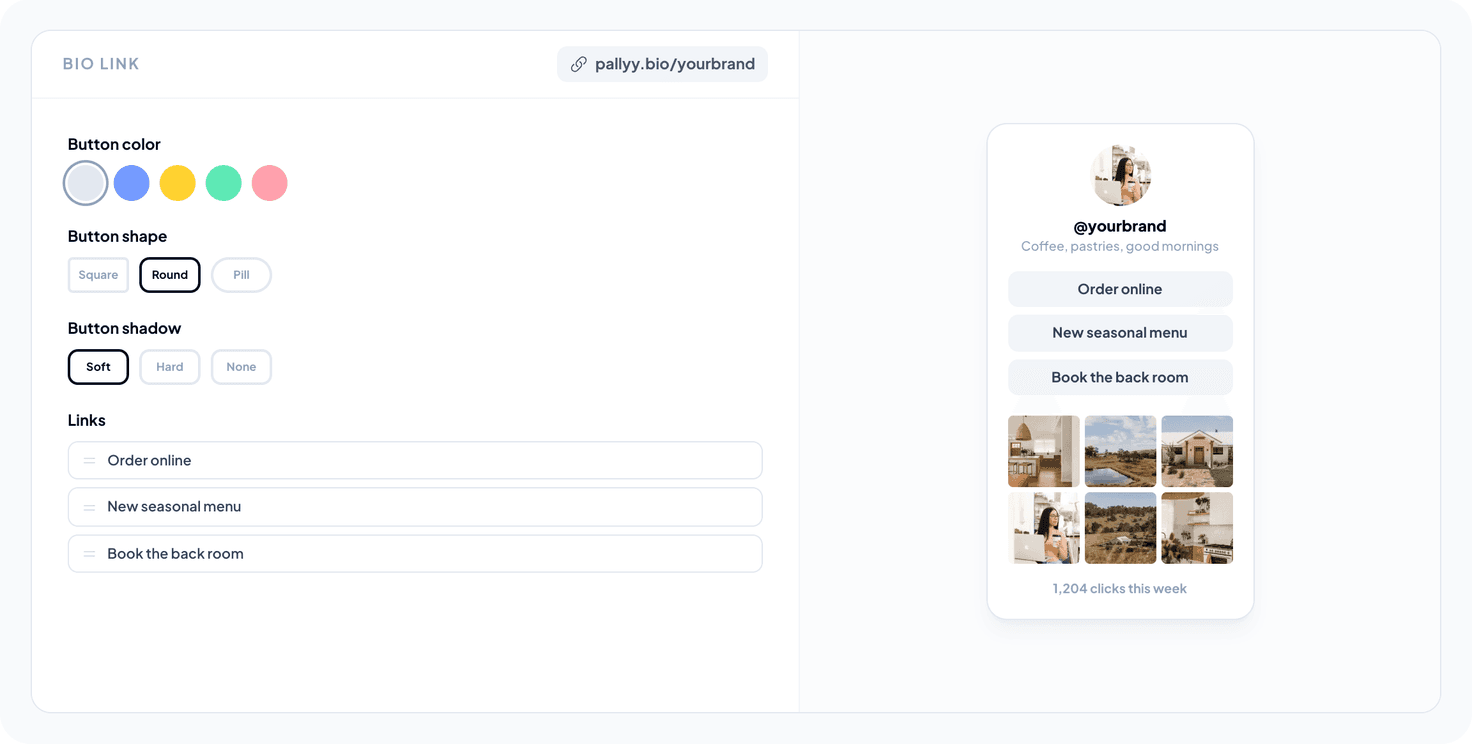 Pallyy link in bio editor preview showing button styles, links, and a branded page