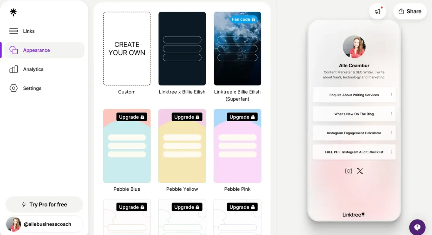 Linktree dashboard view